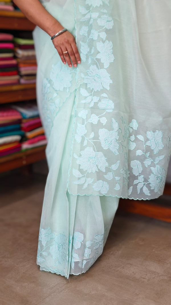 Sea Green Net Kota Saree with Applique Work - EP26