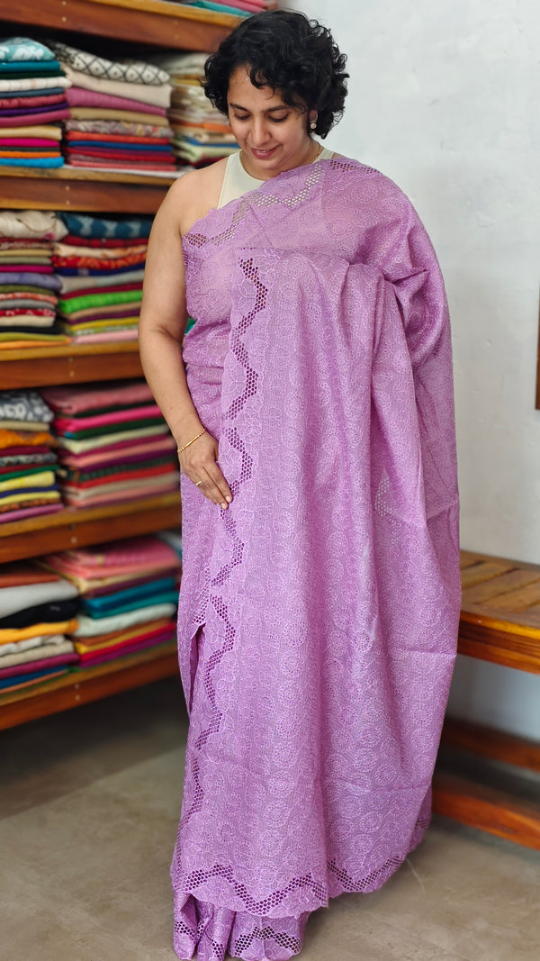 Dark Lavender Tepchi Kota Saree with Cutwork Borders