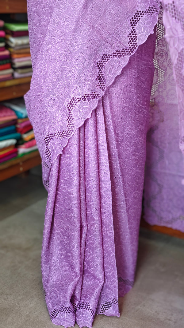 Dark Lavender Tepchi Kota Saree with Cutwork Borders