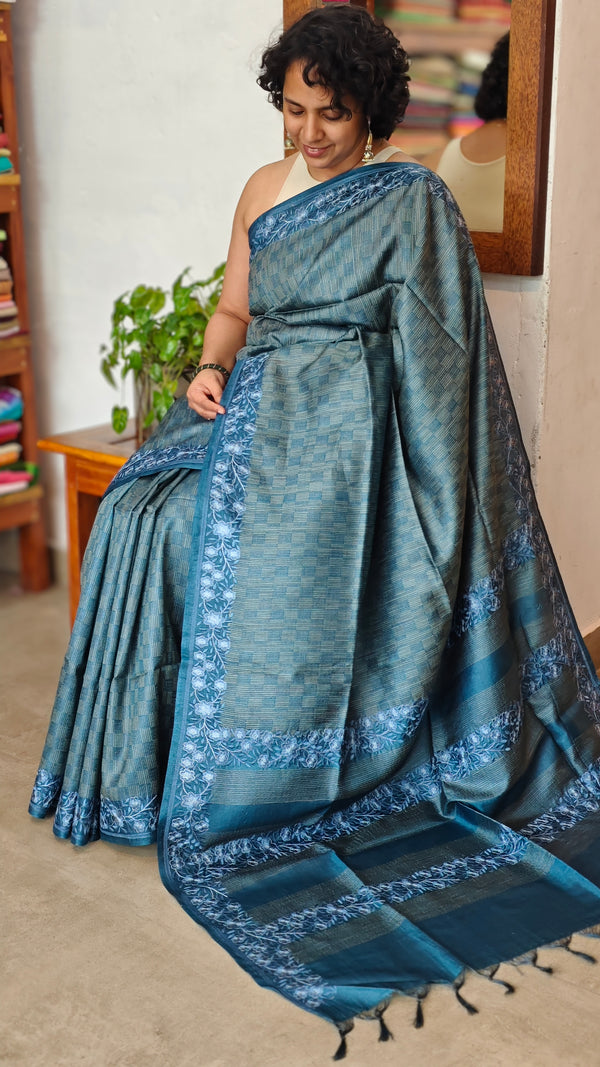 Classic Blue Tussar Silk Saree with Embroidered Borders