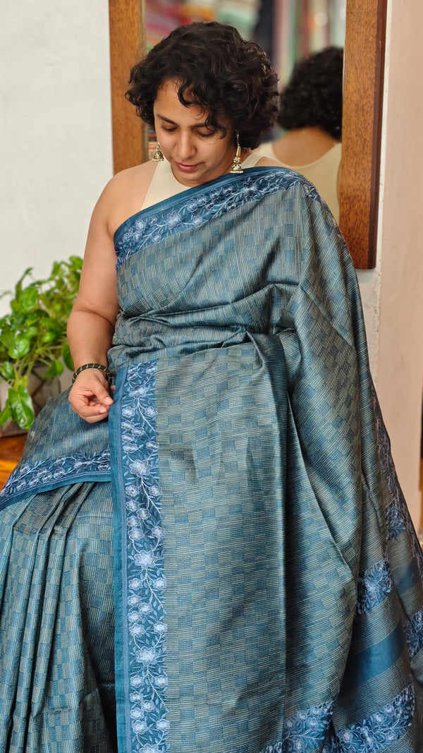 Classic Blue Tussar Silk Saree with Embroidered Borders