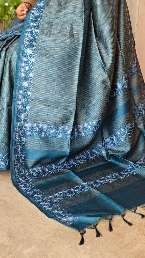 Classic Blue Tussar Silk Saree with Embroidered Borders
