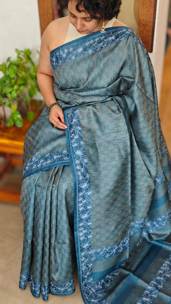 Classic Blue Tussar Silk Saree with Embroidered Borders