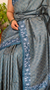 Classic Blue Tussar Silk Saree with Embroidered Borders