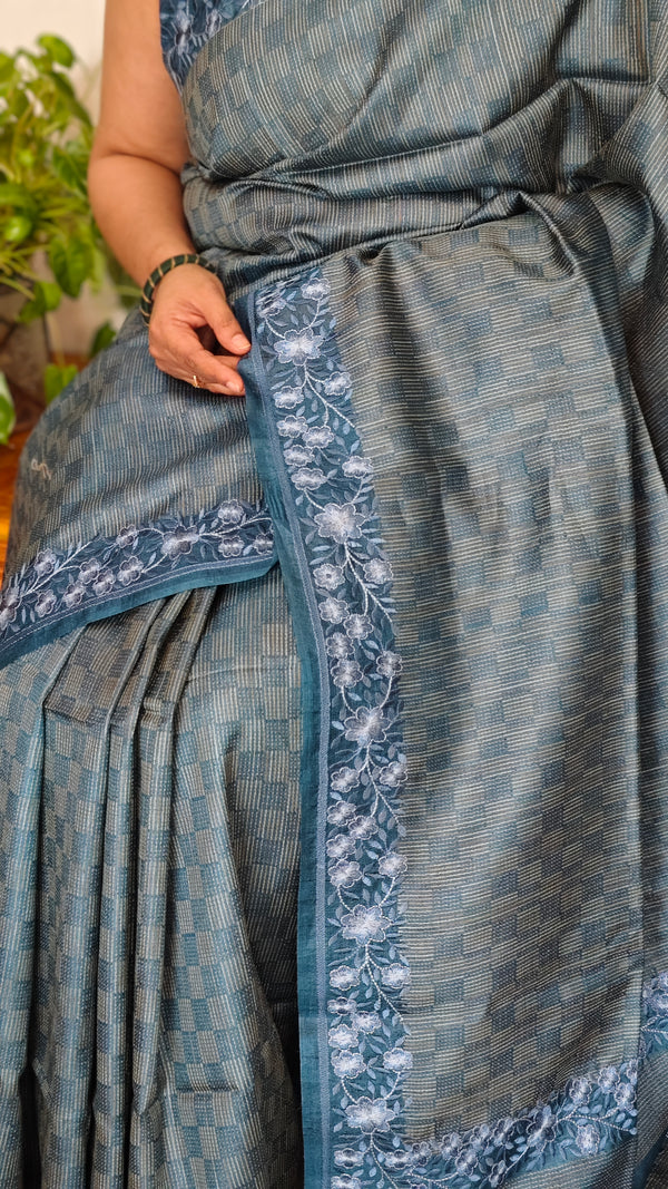 Classic Blue Tussar Silk Saree with Embroidered Borders