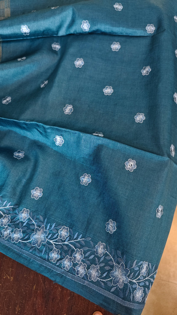 Classic Blue Tussar Silk Saree with Embroidered Borders
