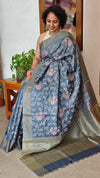 Capri Blue Embroidered Lined Noel Tussar Silk Saree