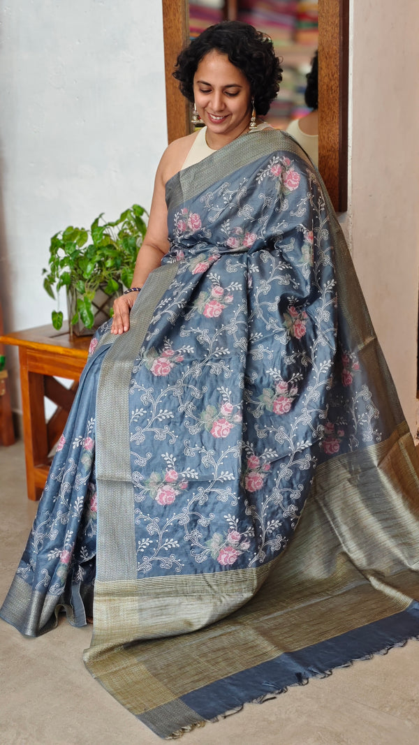 Capri Blue Embroidered Lined Noel Tussar Silk Saree