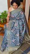 Capri Blue Embroidered Lined Noel Tussar Silk Saree