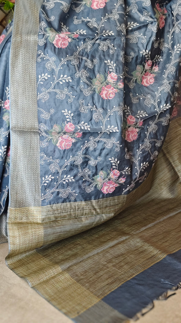 Capri Blue Embroidered Lined Noel Tussar Silk Saree