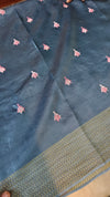 Capri Blue Embroidered Lined Noel Tussar Silk Saree