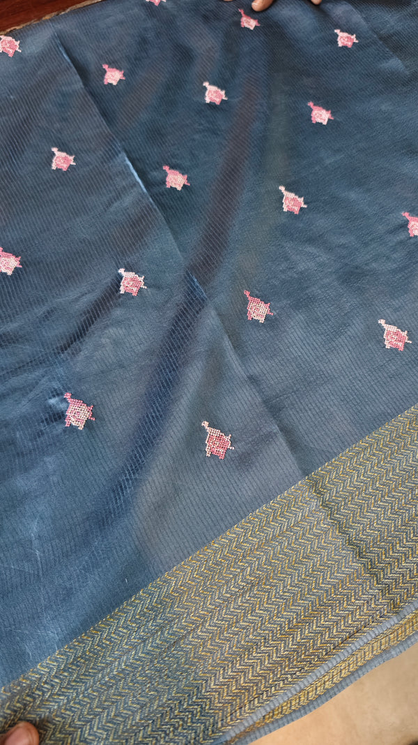 Capri Blue Embroidered Lined Noel Tussar Silk Saree