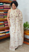 Light Beige and Lavender Jute Kota Saree with Cross Stitch Embroidery - 5033