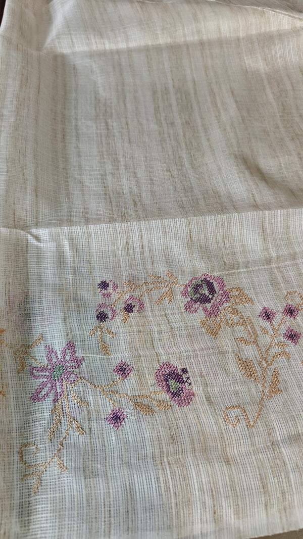 Light Beige and Lavender Jute Kota Saree with Cross Stitch Embroidery - 5033