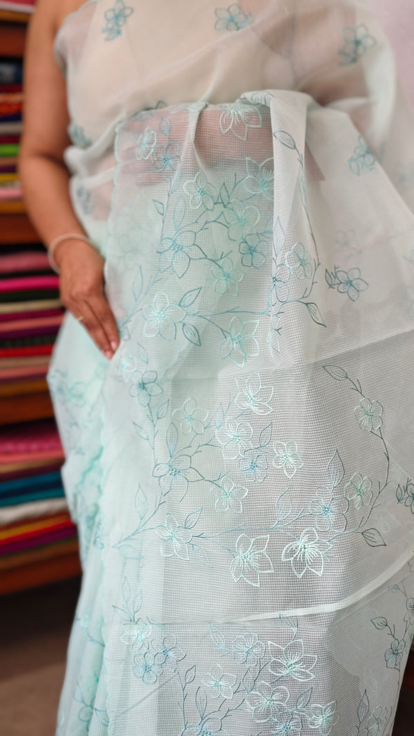 Sea Green Embroidered Net Kota Saree - WQ80