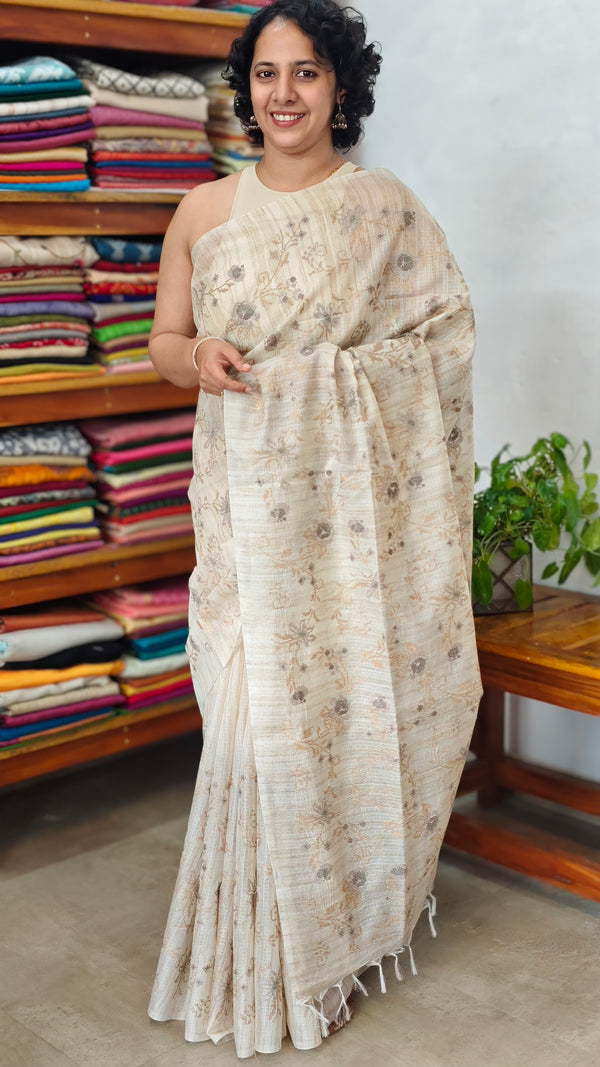 Light Beige and Grey Jute Kota Saree with Cross Stitch Embroidery - 5033