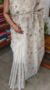Light Beige and Grey Jute Kota Saree with Cross Stitch Embroidery - 5033
