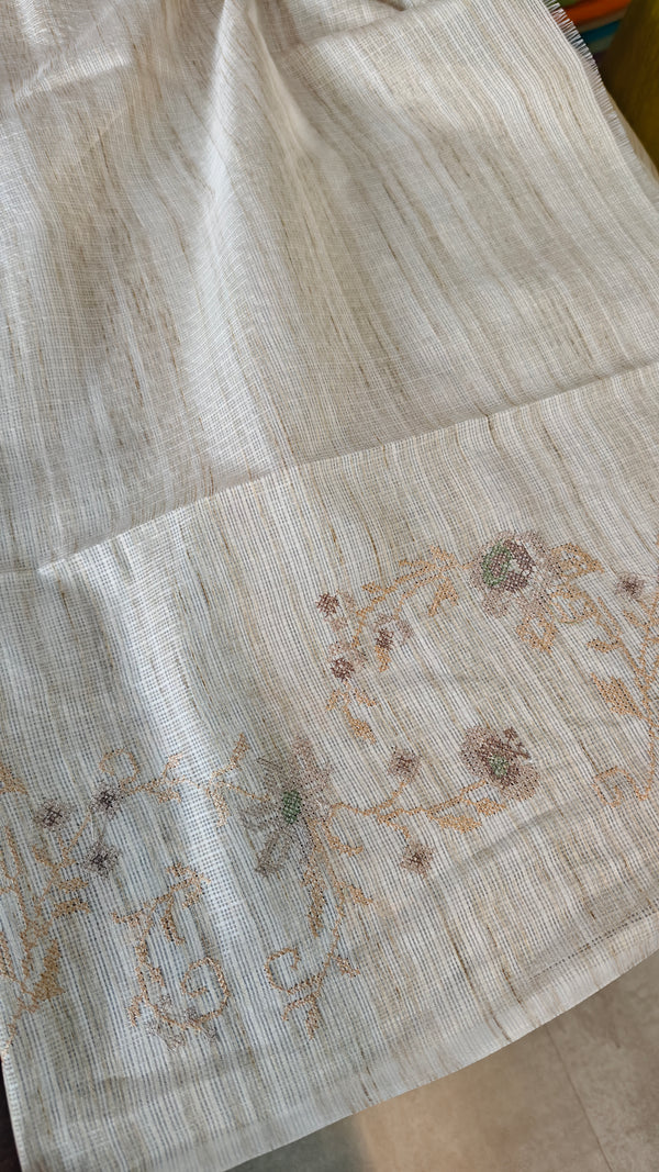 Light Beige and Grey Jute Kota Saree with Cross Stitch Embroidery - 5033