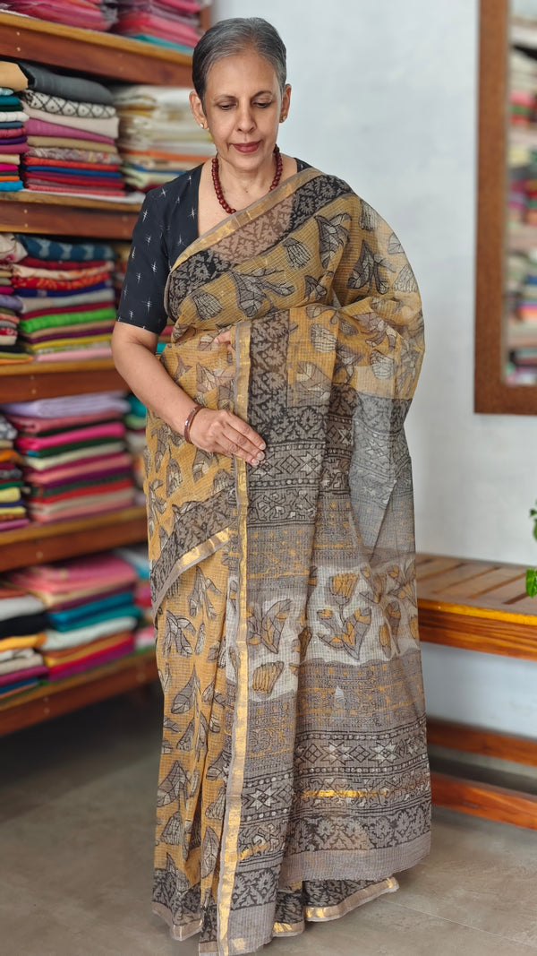 Brown Mustard Block Printed Kota Doria Saree - SQ39