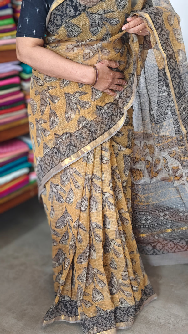 Brown Mustard Block Printed Kota Doria Saree - SQ39