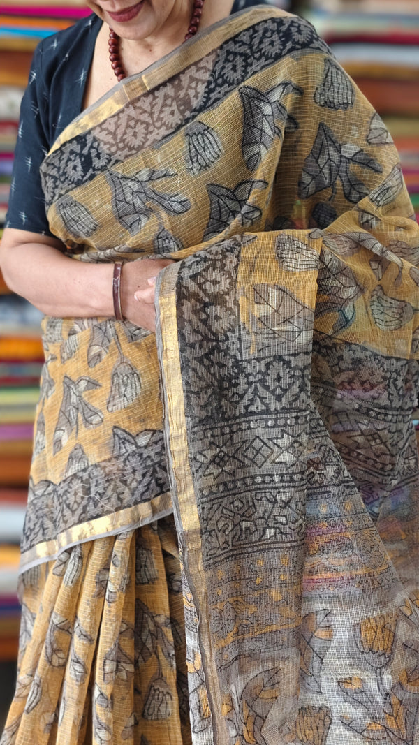 Brown Mustard Block Printed Kota Doria Saree - SQ39