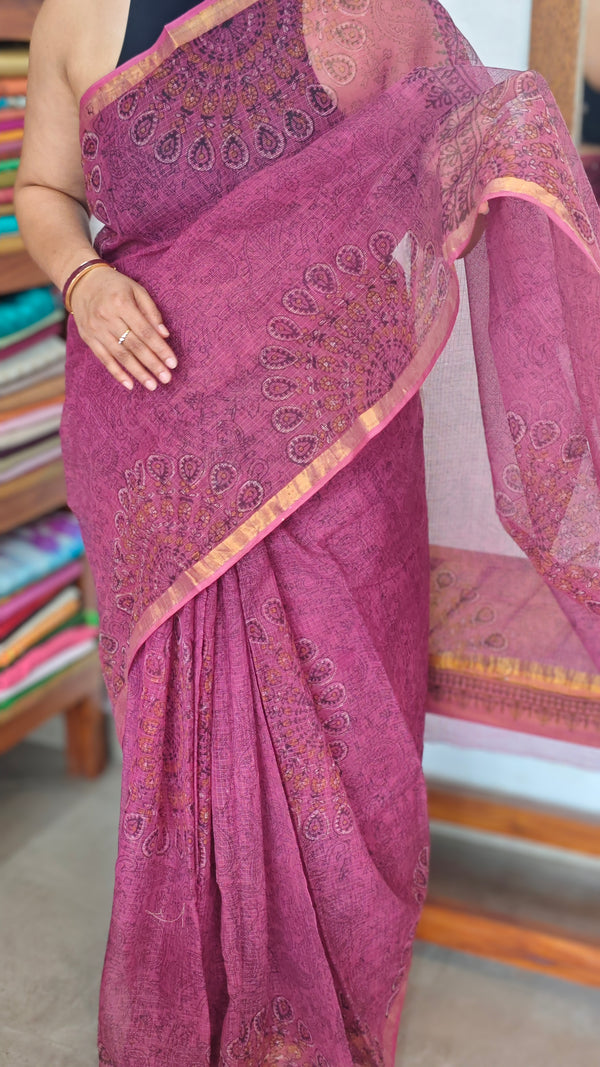 Mystic Pink Block Printed Kota Doria Saree - SQ39