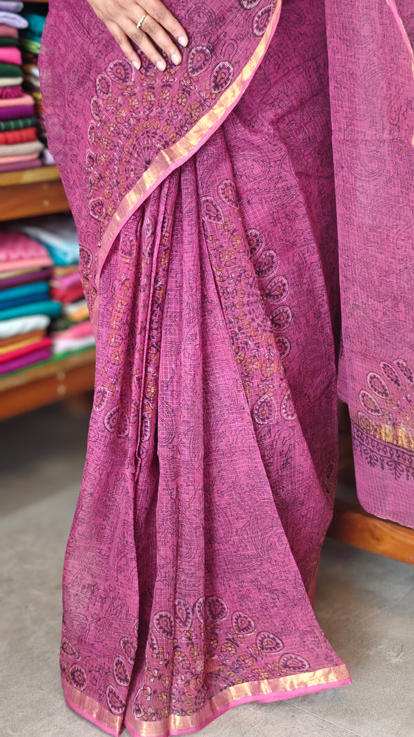 Mystic Pink Block Printed Kota Doria Saree - SQ39