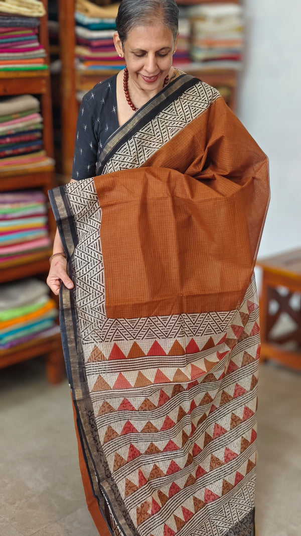 Terracotta Brown Block Printed Kota Doria Saree - SQ39