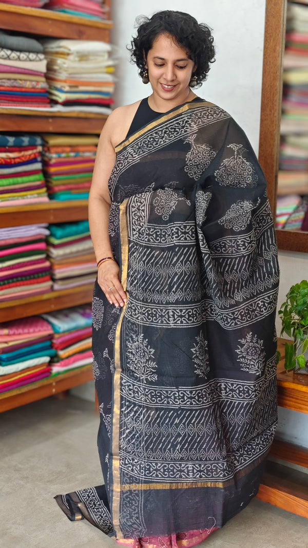 Black Block Printed Kota Doria Saree - SQ39