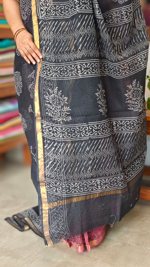 Black Block Printed Kota Doria Saree - SQ39