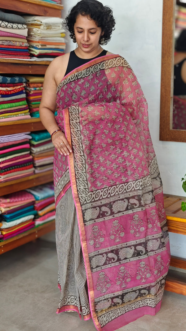 Pink and Black Partly Block Printed Kota Doria Saree - SQ39
