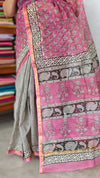 Pink and Black Partly Block Printed Kota Doria Saree - SQ39