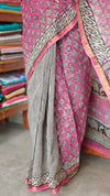 Pink and Black Partly Block Printed Kota Doria Saree - SQ39