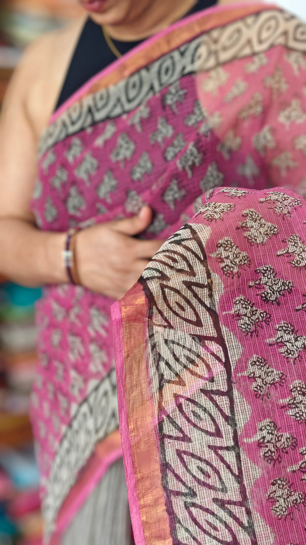 Pink and Black Partly Block Printed Kota Doria Saree - SQ39