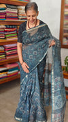 Ash Blue Block Printed Kota Doria Saree- SQ39