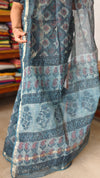 Ash Blue Block Printed Kota Doria Saree- SQ39