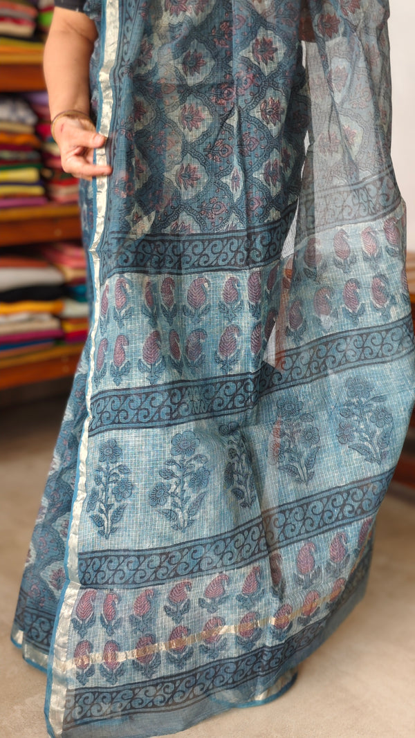 Ash Blue Block Printed Kota Doria Saree- SQ39