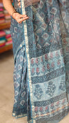 Ash Blue Block Printed Kota Doria Saree- SQ39