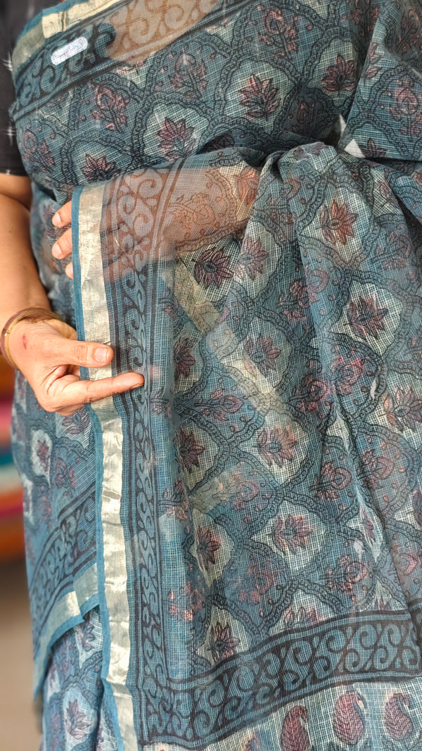 Ash Blue Block Printed Kota Doria Saree- SQ39