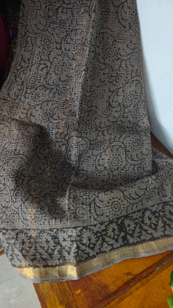 Brown Mustard Block Printed Kota Doria Saree - SQ39