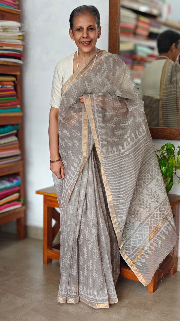 Grey Mist Block Printed Kota Doria Saree - SQ39