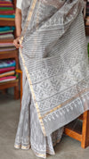 Grey Mist Block Printed Kota Doria Saree - SQ39
