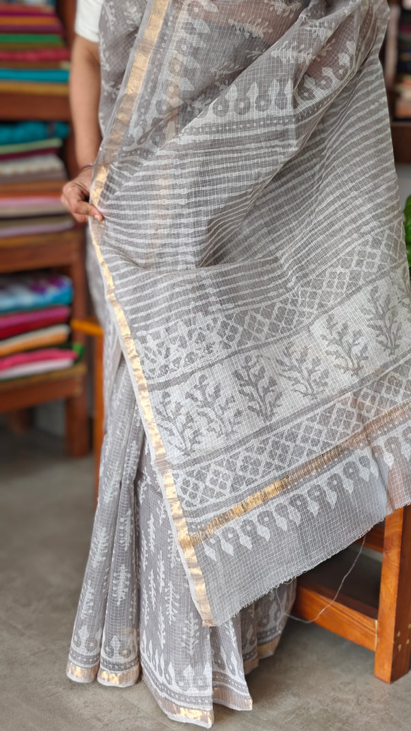 Grey Mist Block Printed Kota Doria Saree - SQ39