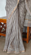 Grey Mist Block Printed Kota Doria Saree - SQ39