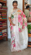 Off White Floral Printed Tussar Silk Saree - HSN4