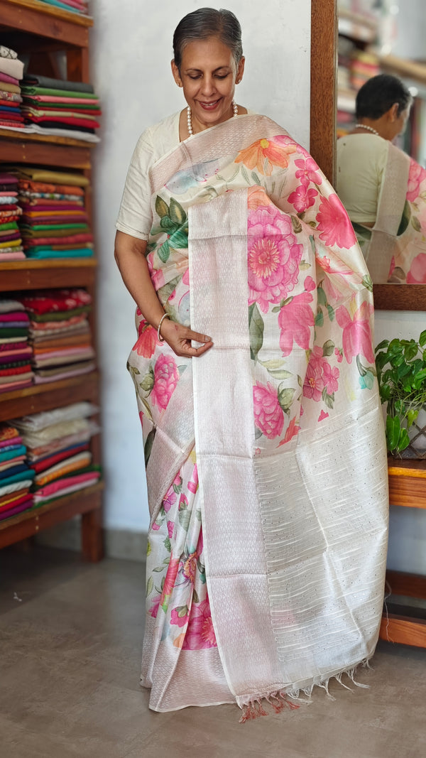 Off White Floral Printed Tussar Silk Saree - HSN4