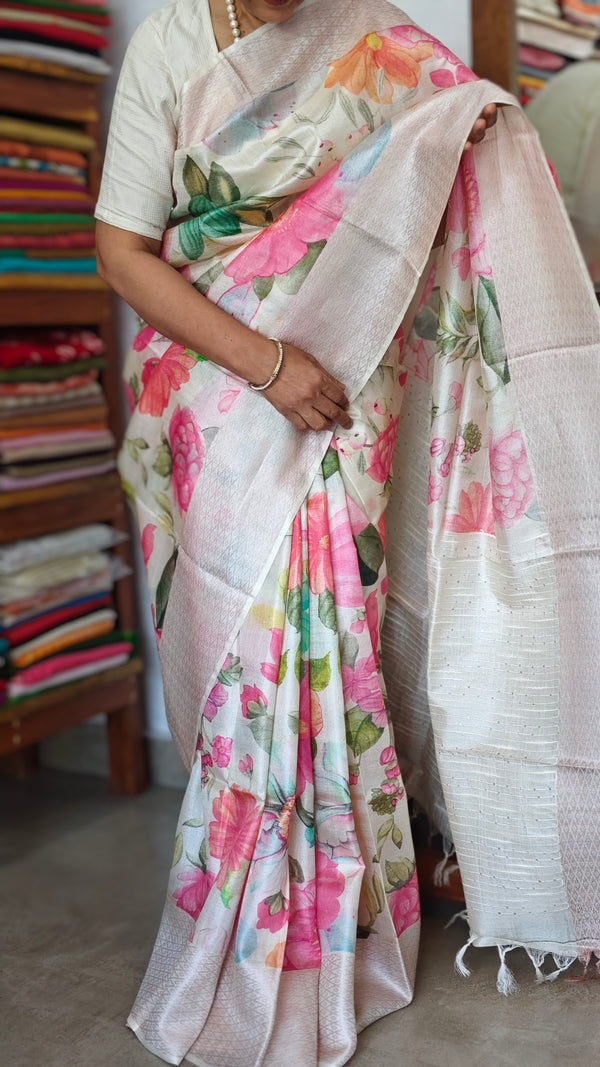 Off White Floral Printed Tussar Silk Saree - HSN4