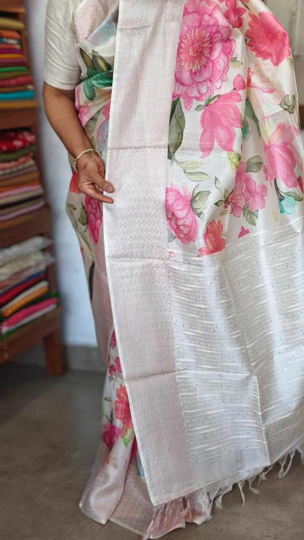 Off White Floral Printed Tussar Silk Saree - HSN4