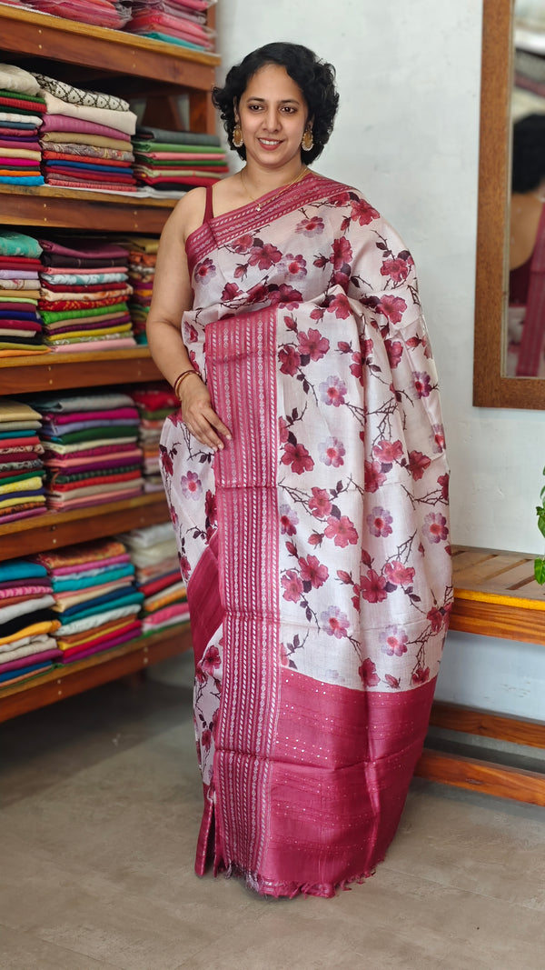 Dark Pink and Off White Printed Tussar silk Saree - HSN4