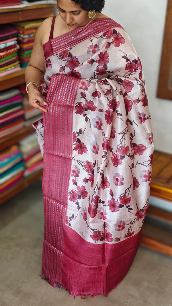 Dark Pink and Off White Printed Tussar silk Saree - HSN4